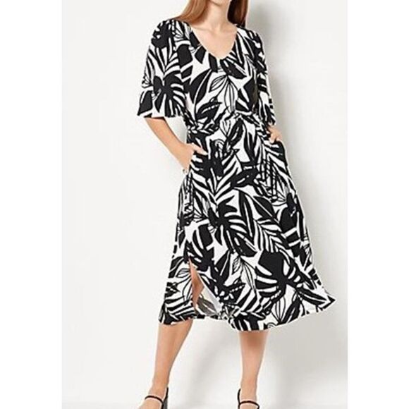 Y-475 Girl With Curves Knit Midi Dress Flutter Slv BLACK TROPICL L petite - Picture 1 of 1